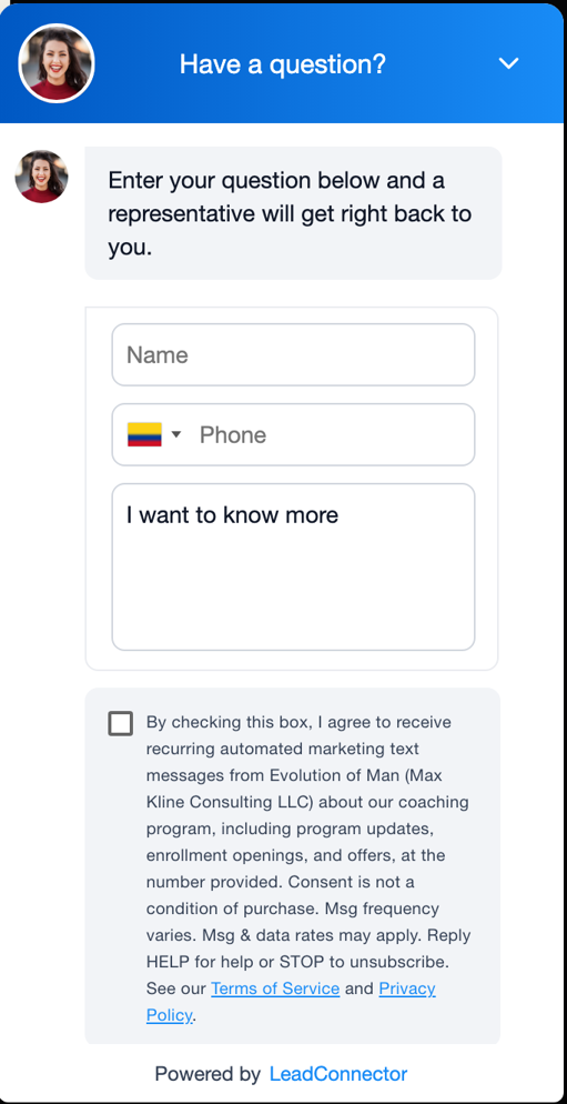 Screenshot of the chat widget on apply.evolutionofman.net showing Name and Phone fields and an unchecked SMS marketing consent checkbox with the full consent text